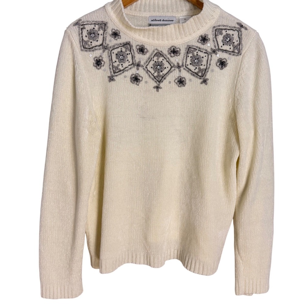 Alfred Dunner Petite Mock Neck Embellished Sweater Cream Ivory Beaded Sequins PL